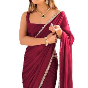 SHOPAZ Ready To Wear Saree For Women Maroon Georgette One Minute Readymade Stitched Scalloped Border Lace With Unstitched Blouse
