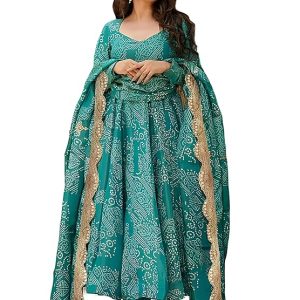 Pinkmint Women's Bandhani Print Flared Anarkali Muslin Kurta Set with Pant & Stylish Dupatta Ethnic Long Sleeve Dress Suit Set